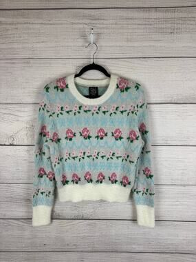FCT With Love Women's Cream Blue Pink Floral Fuzzy Bow Crop Sweater Size Large